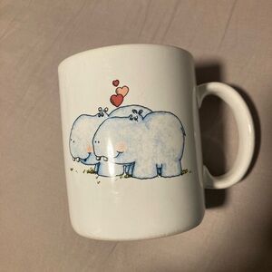 White Ceramic Mug with Blue Hippo Couple and Heart Accent